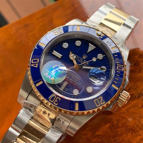 blue and gold rolex submariner replica|rolex submariner two tone black.